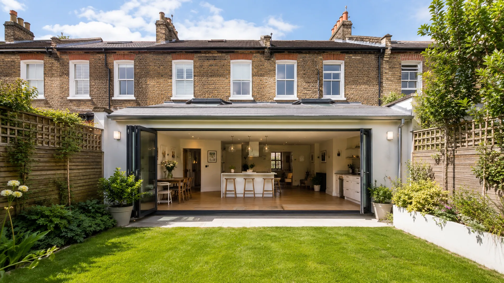 Victorian London house with a modern glass rear extension open to the garden